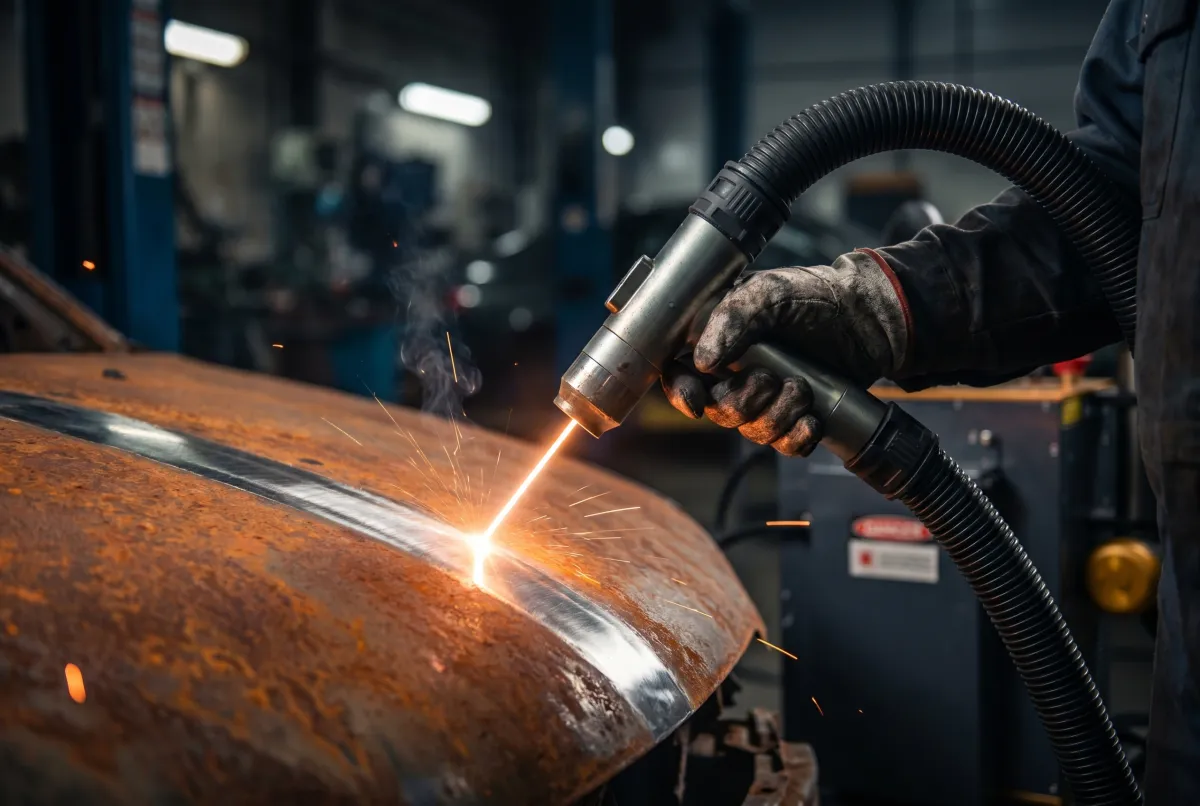 Laserreinigung von Rost an einer Karosserie